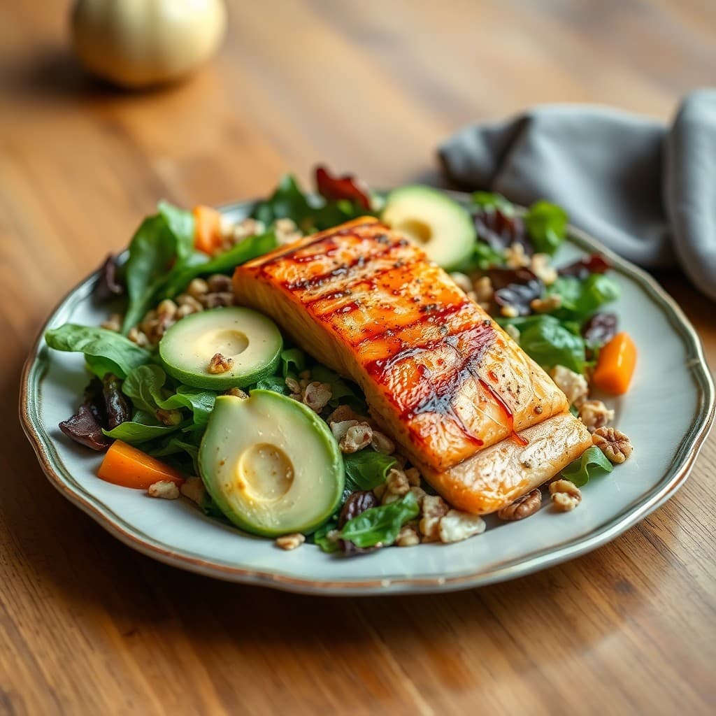 Satiating Autumn Harvest Salad with Maple-Glazed Salmon