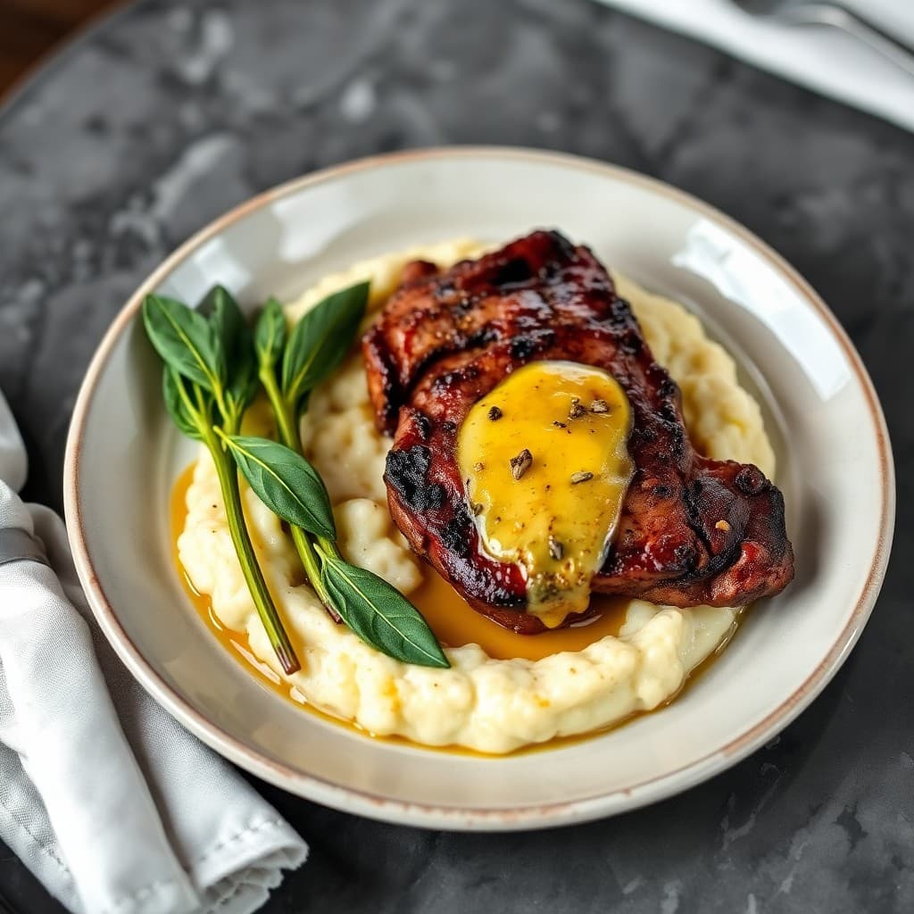 Garlic Butter Ribeye with Truffle Cauliflower Mash & Crispy Sage Oil