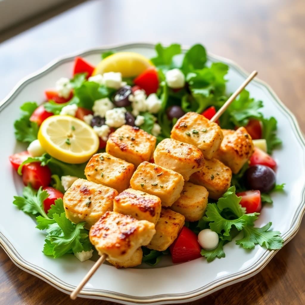 Lemon Herb Chicken Skewers with Greek Salad