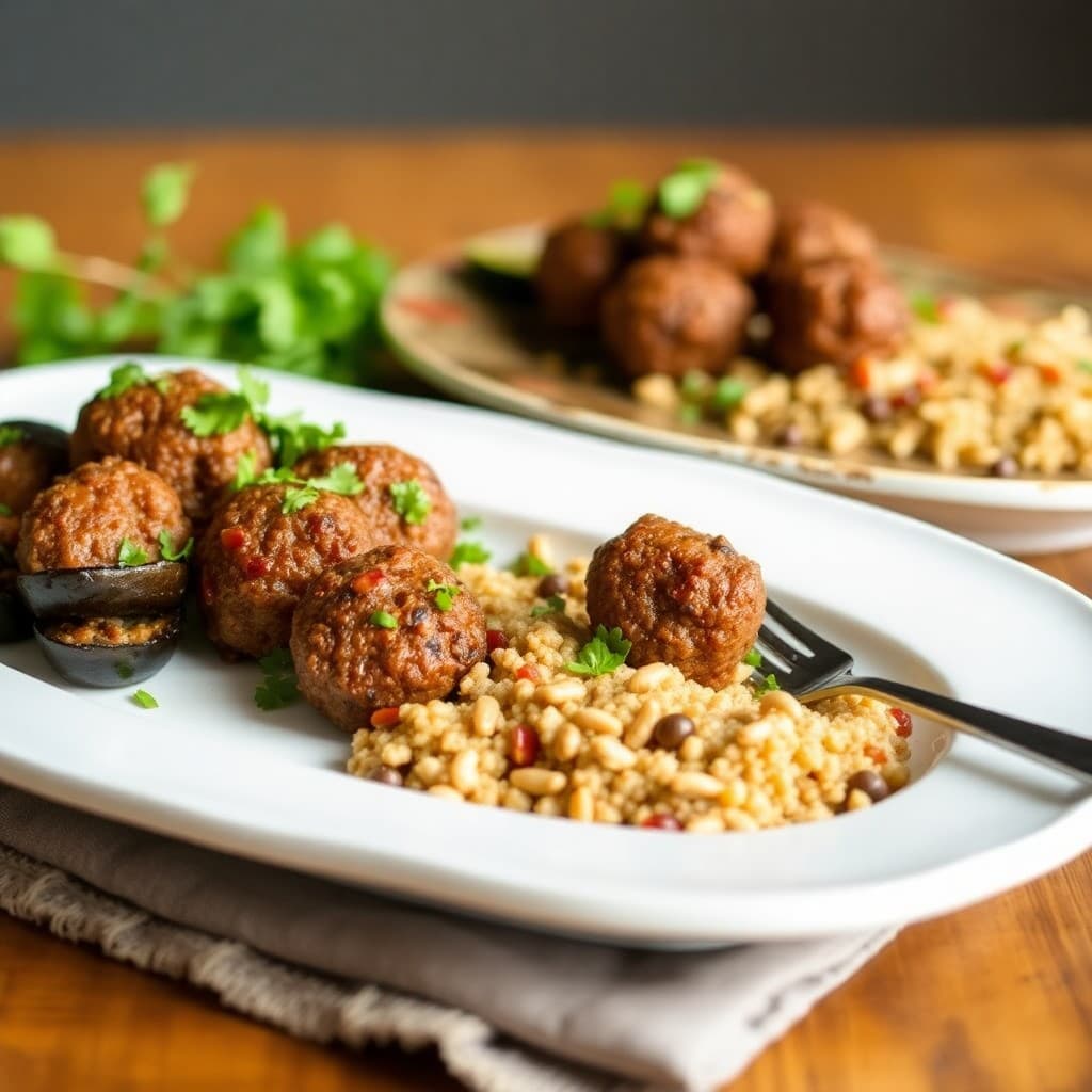 Turkish Spiced Lamb Köfte with Charred Eggplant & Bulgur Pilaf