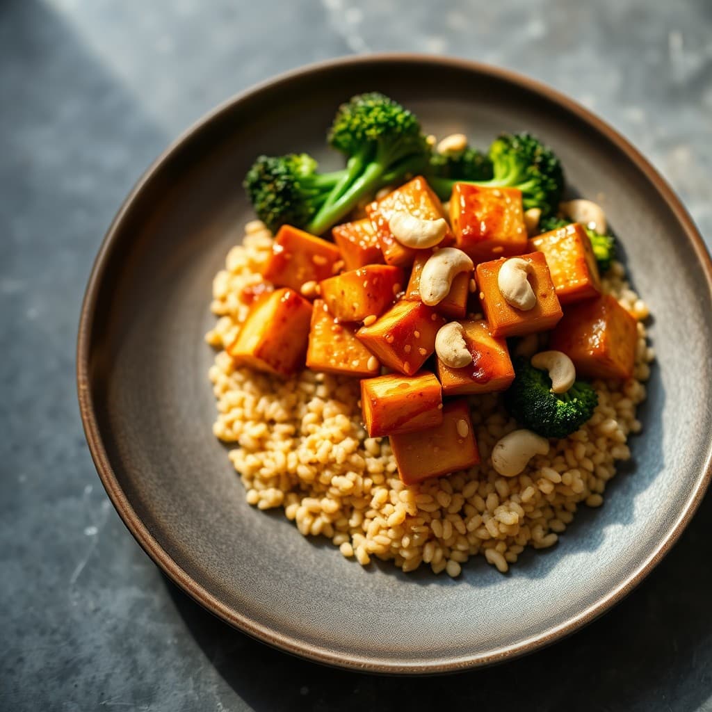 Crispy Tofu & Millet Stir-Fry with Ginger-Soy Glaze & Charred Broccolini