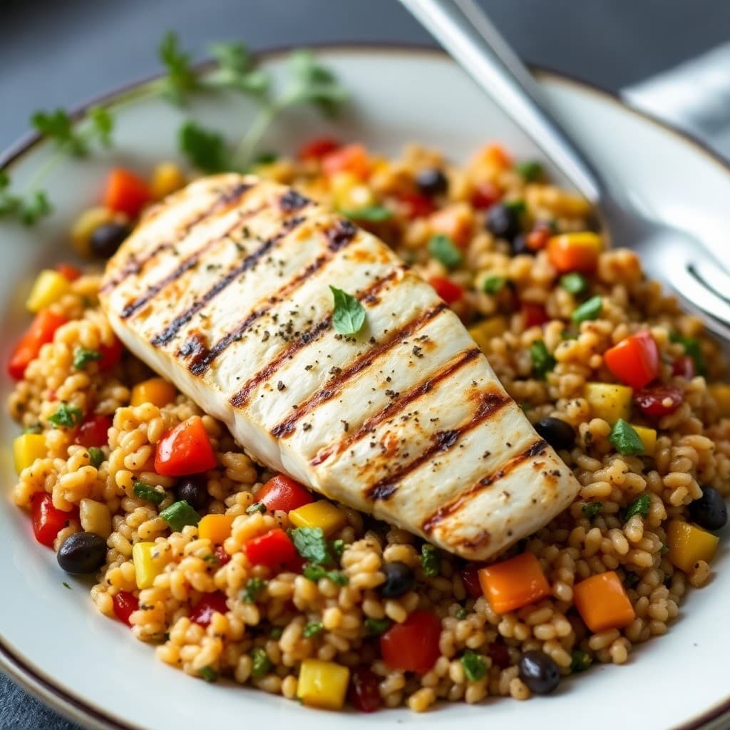Grilled Mediterranean Swordfish with Roasted Vegetable Quinoa