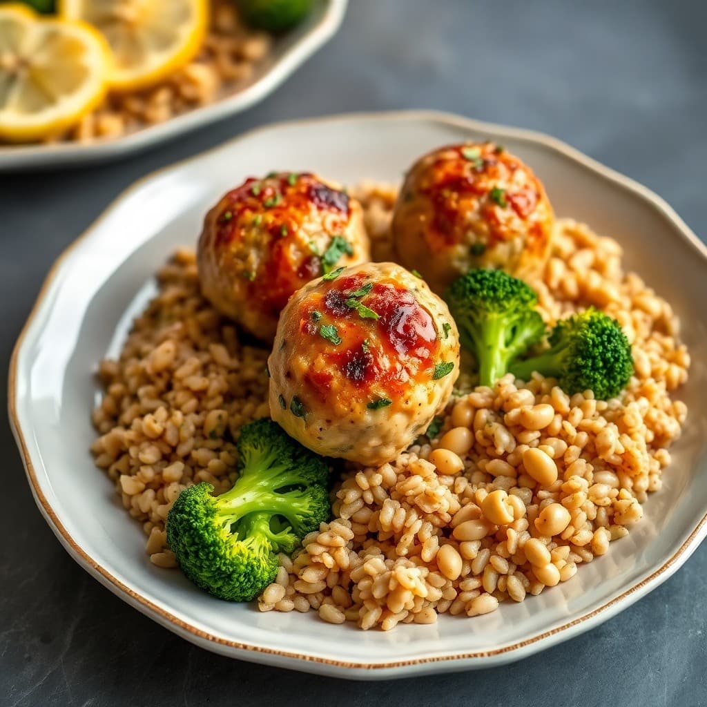Zesty Baked Chicken Meatballs with Roasted Broccoli and Farro