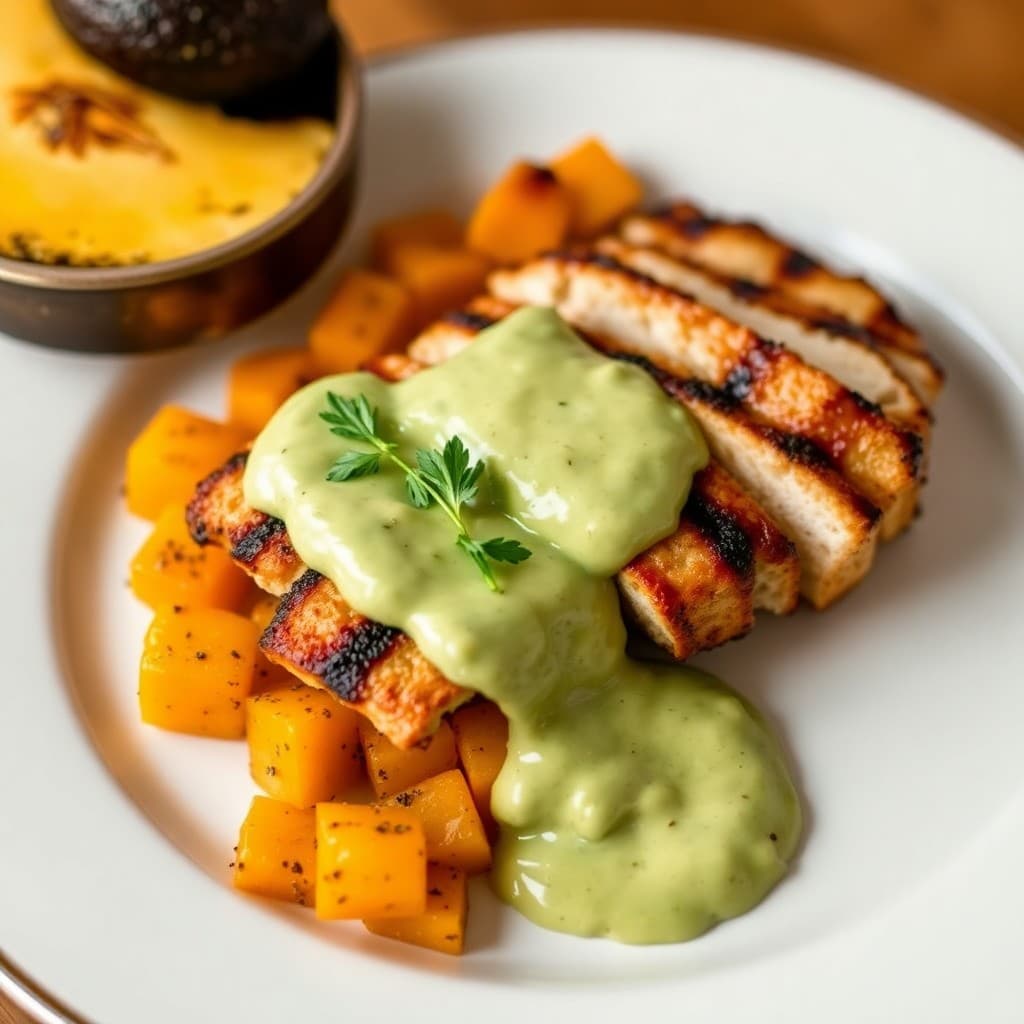 Roasted Butternut Squash with Grilled Chicken and Creamy Avocado Sauce