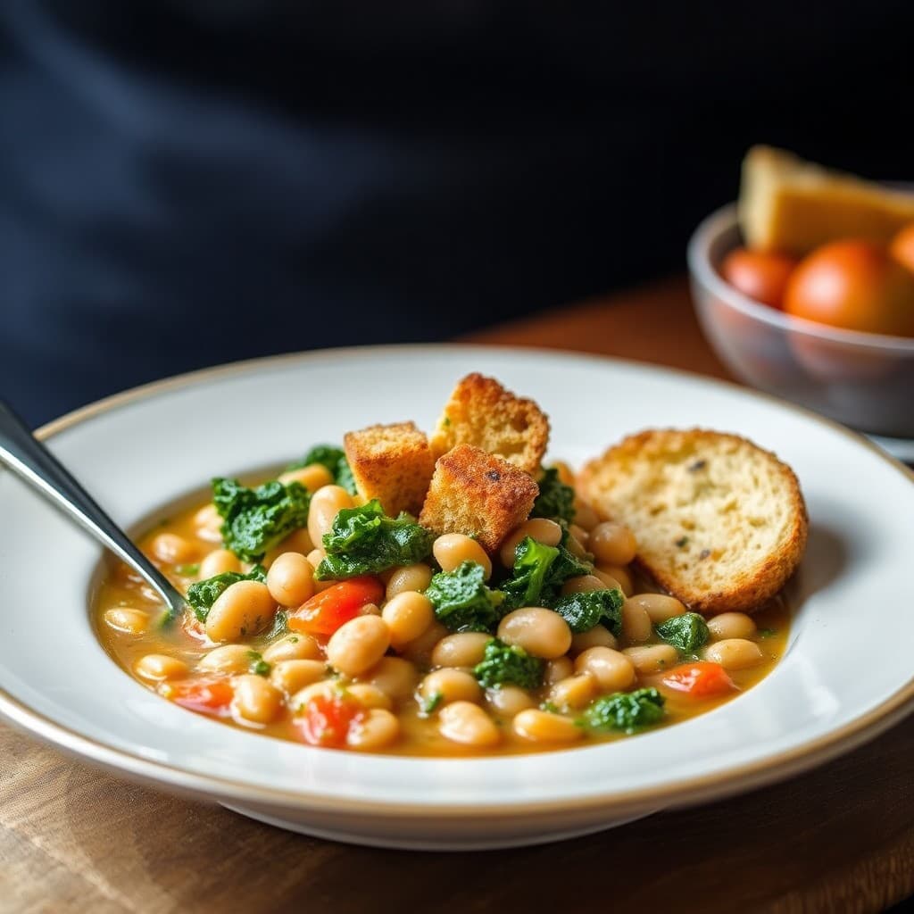 Tuscan White Bean & Kale Ribollita with Crispy Garlic Croutons