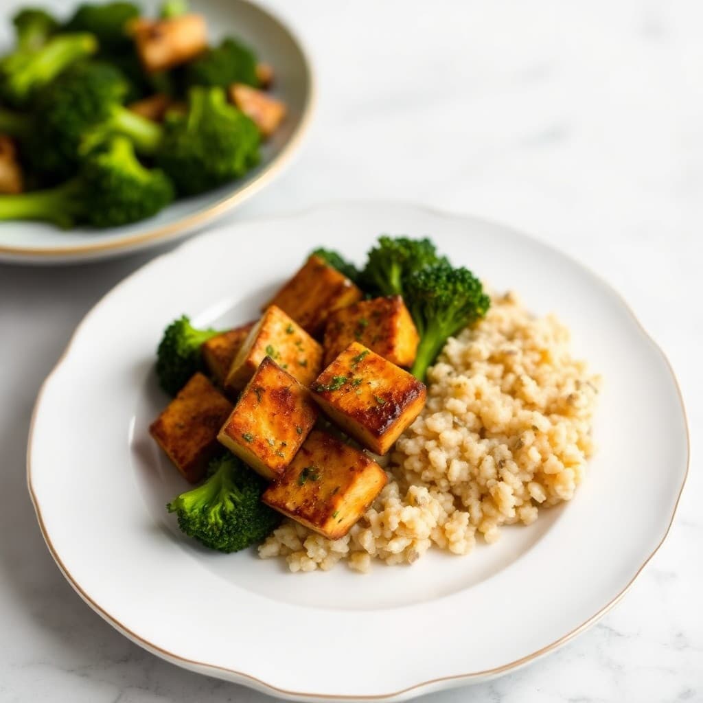 Seared Ginger-Garlic Tofu with Roasted Broccoli and Quinoa