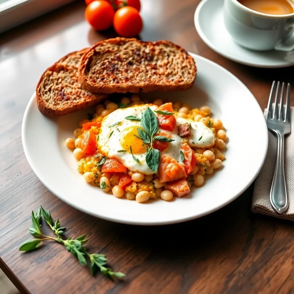 Turkish Menemen with Smoked Salmon, White Beans & Herb-Crisp Whole Grain Toast