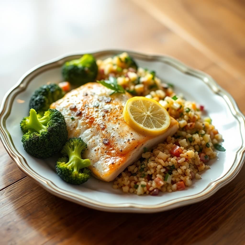 Baked Lemon Garlic Tilapia with Roasted Broccoli and Quinoa Salad