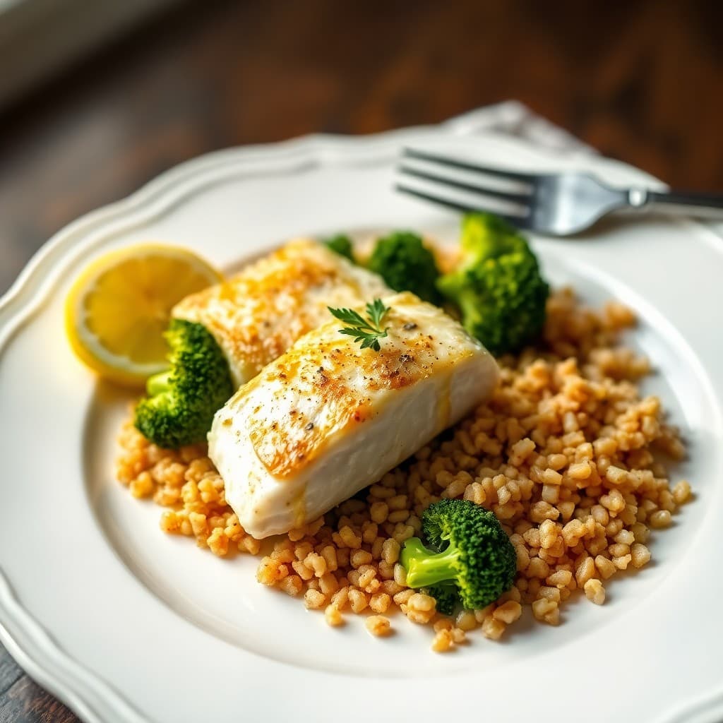 Lemon Garlic Seared Cod with Roasted Broccoli and Bulgur