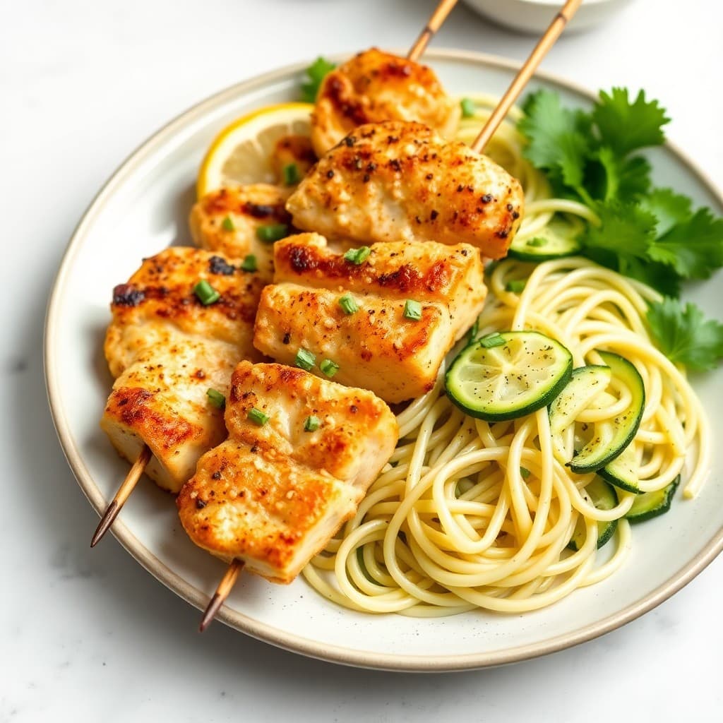 Lemon Garlic Chicken Skewers with Zucchini Noodle Bowl