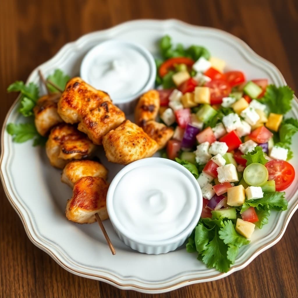 Lemon Garlic Chicken Souvlaki with Greek Salad