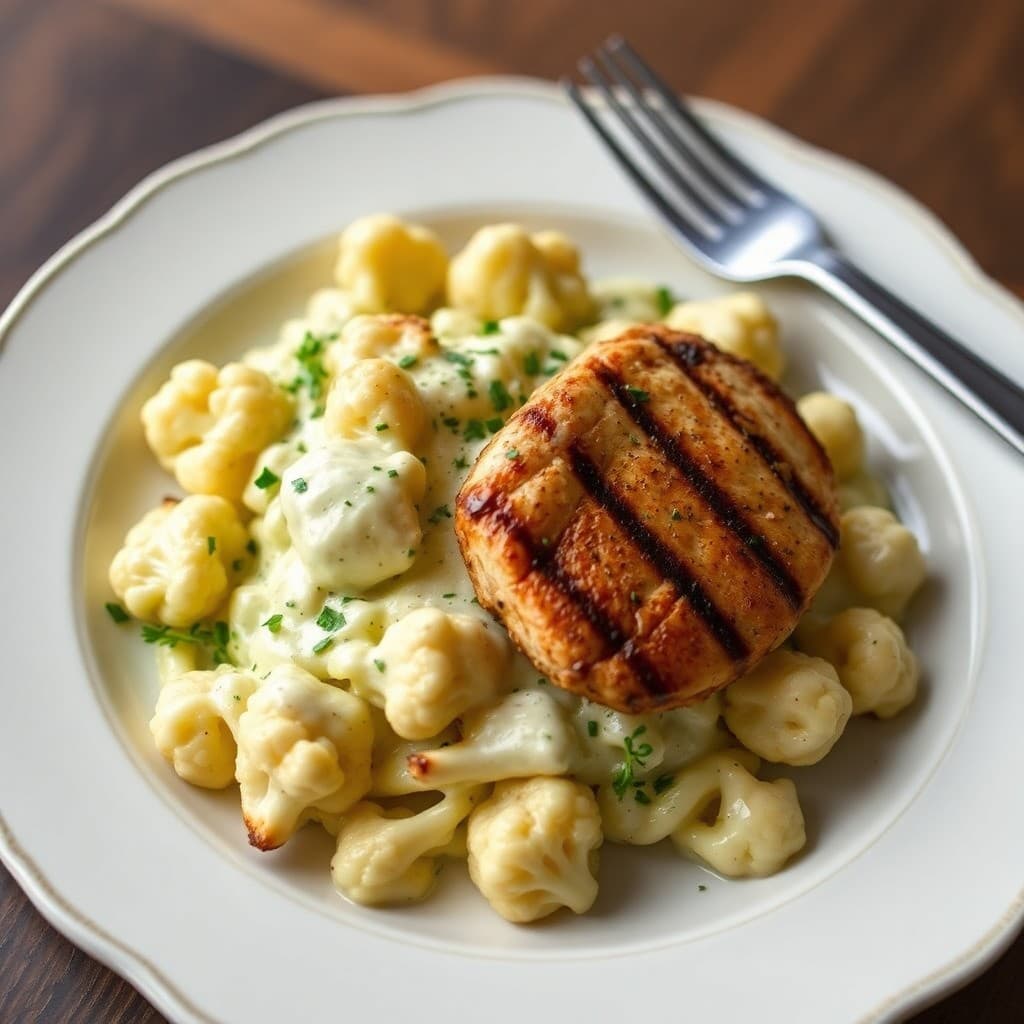 Roasted Garlic Cauliflower Alfredo with Grilled Chicken