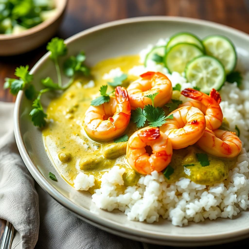 Thai Green Curry Shrimp with Jasmine Rice & Cucumber Salad