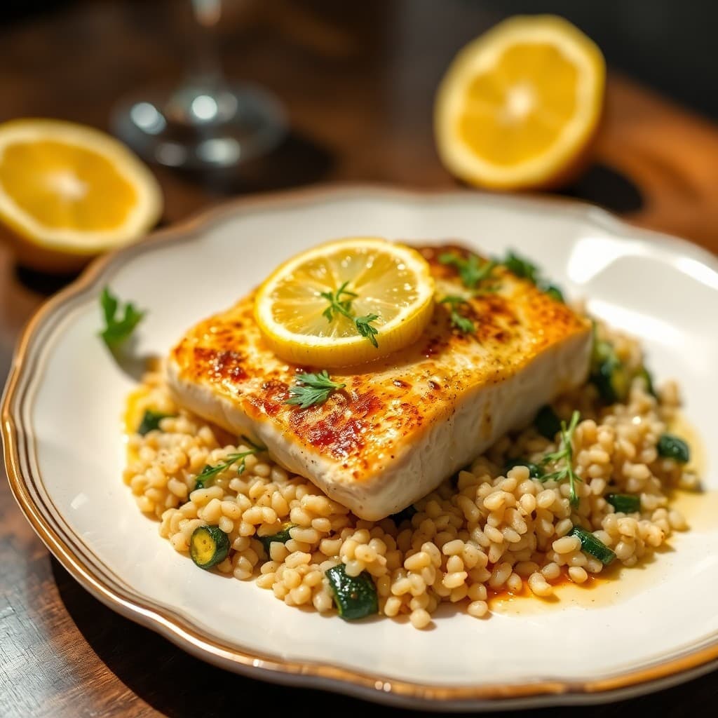 Citrus Baked Halibut with Roasted Zucchini and Farro