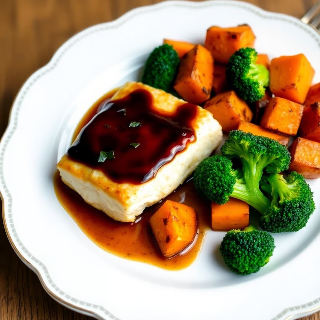 Miso-Glazed Cod with Roasted Sweet Potato and Broccoli Medley