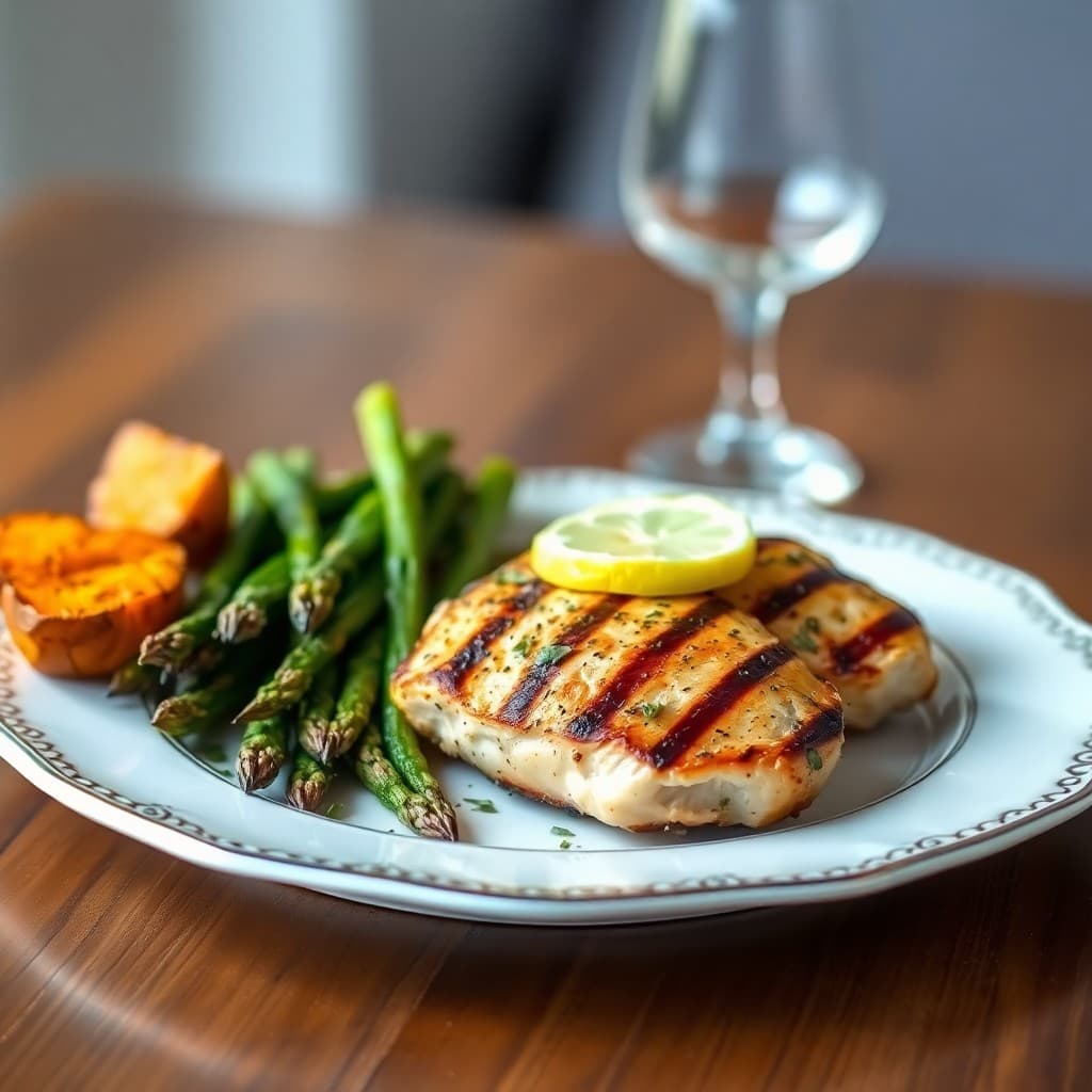 Grilled Lemon Herb Chicken with Roasted Sweet Potato and Asparagus