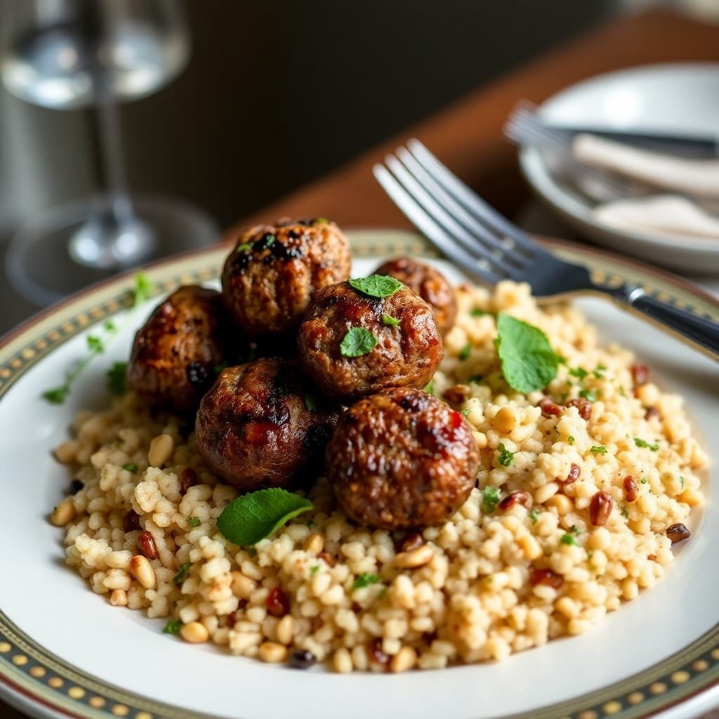 Turkish Grilled Lamb Köfte with Charred Eggplant & Herbed Couscous Pilaf