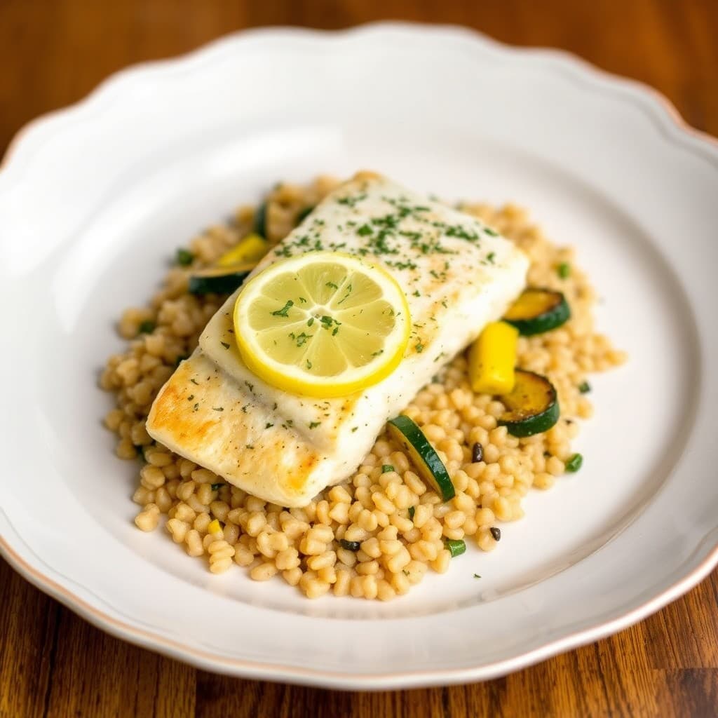Lemon-Herb Baked Cod with Roasted Zucchini and Farro