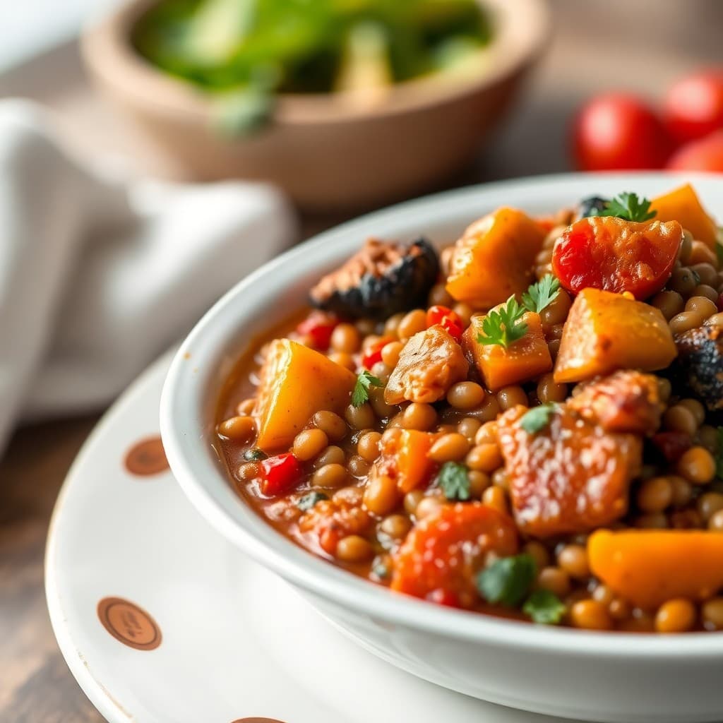 Mediterranean Lentil Stew with Roasted Vegetables