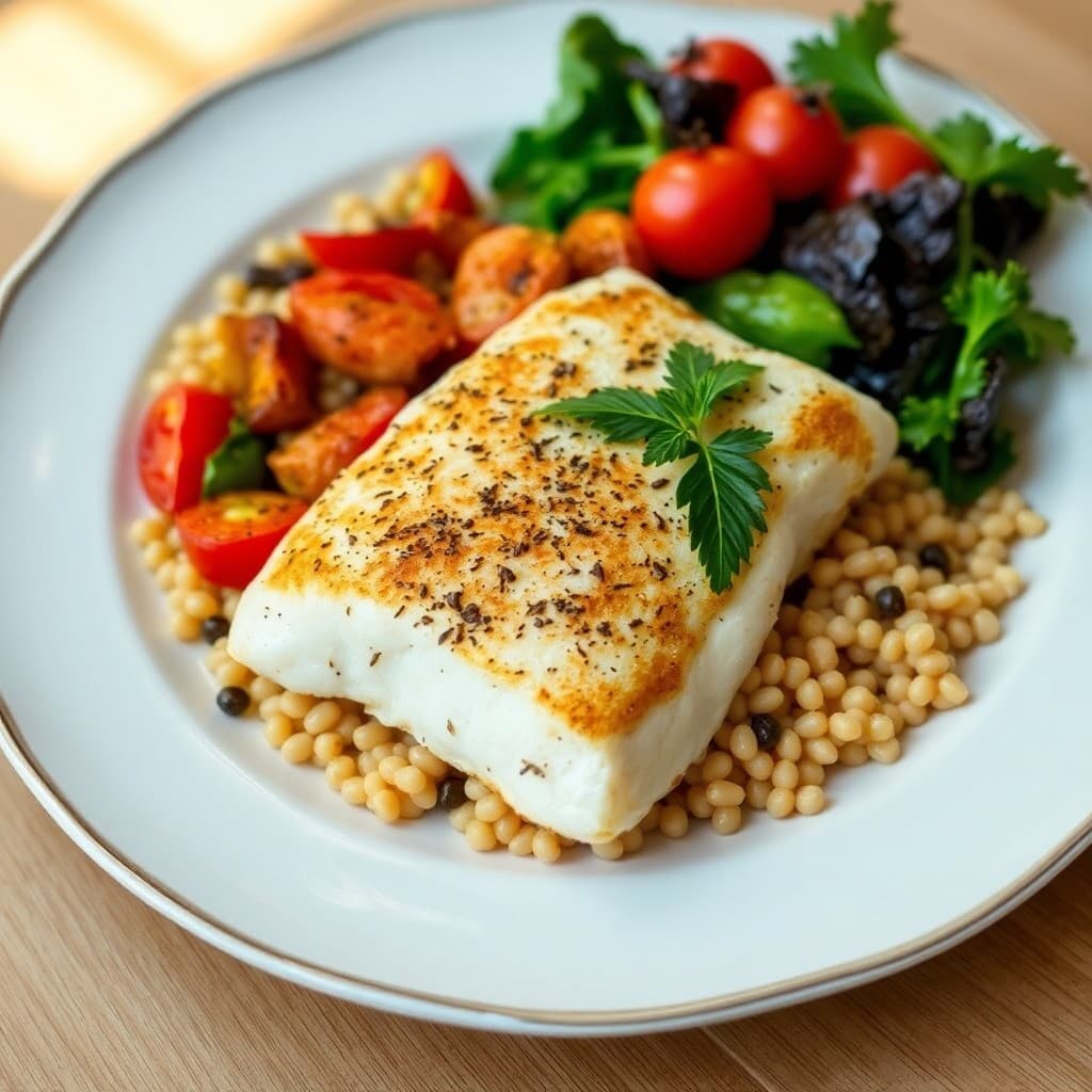 Mediterranean Baked Halibut with Roasted Vegetable Orzo