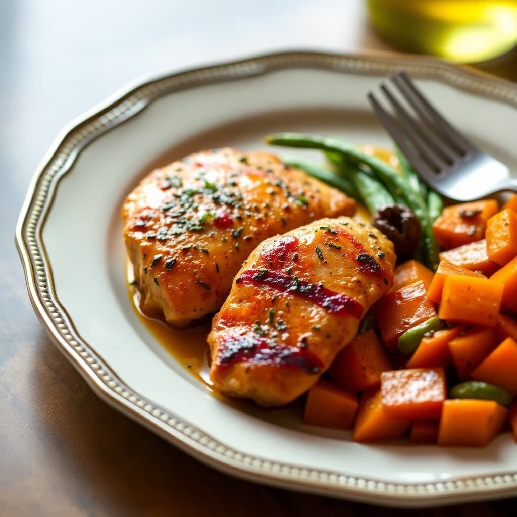 Seared Ginger-Garlic Chicken with Roasted Sweet Potato Medley