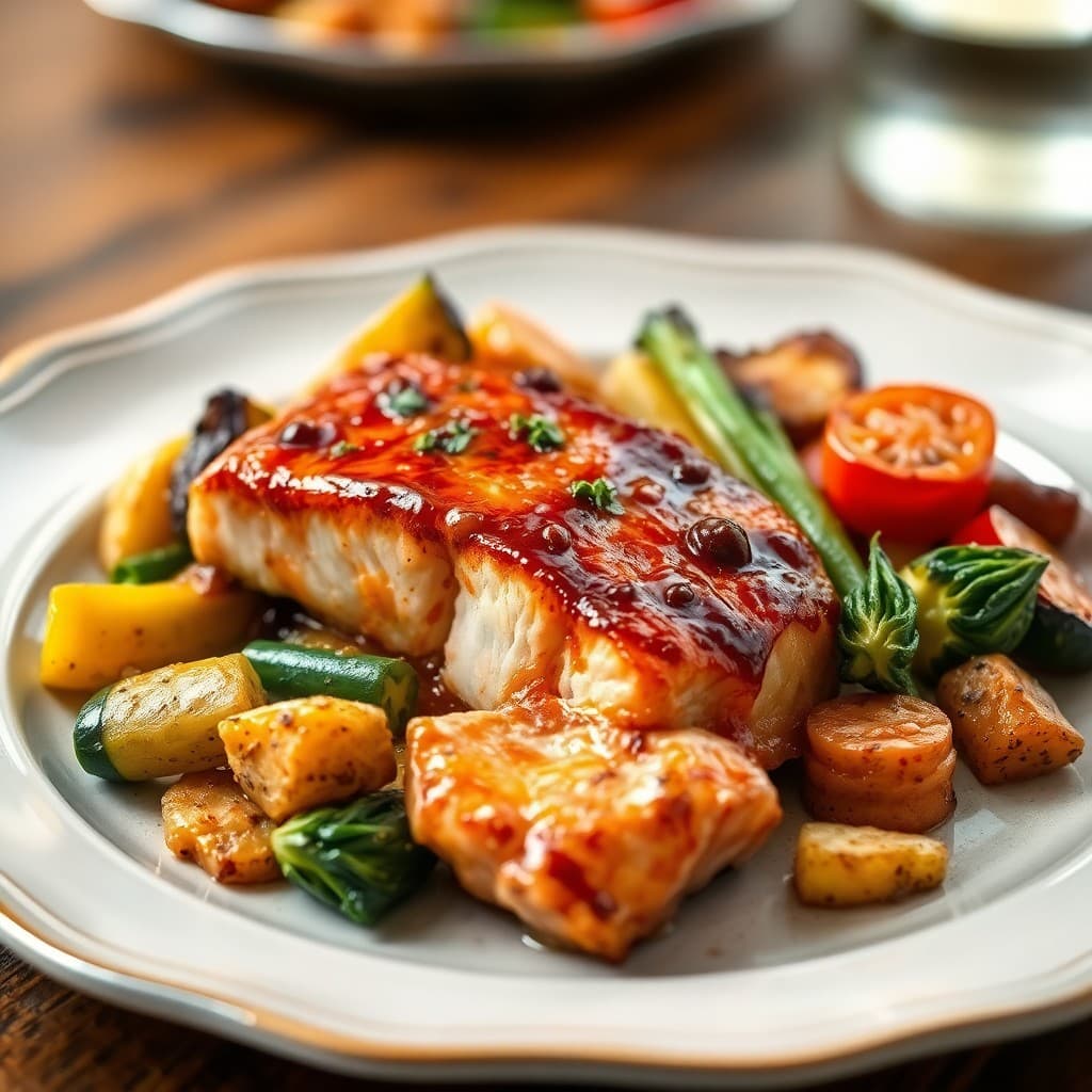 Seared Miso-Glazed Salmon with Roasted Vegetables