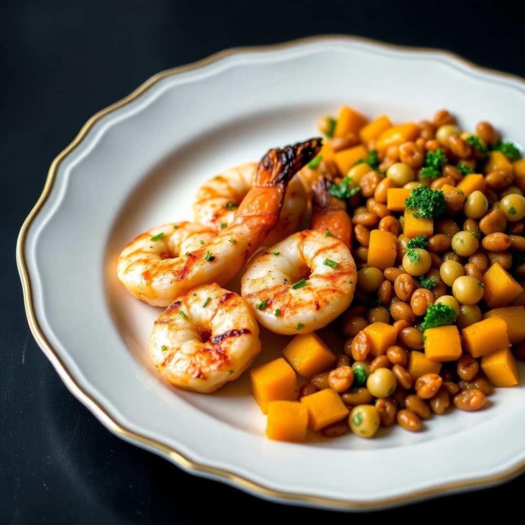 Zesty Lemon-Herb Grilled Shrimp with Roasted Butternut Squash and Lentil Salad