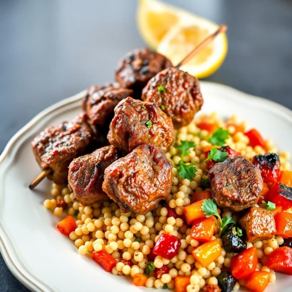 Moroccan Spiced Lamb Skewers with Roasted Veggie Couscous