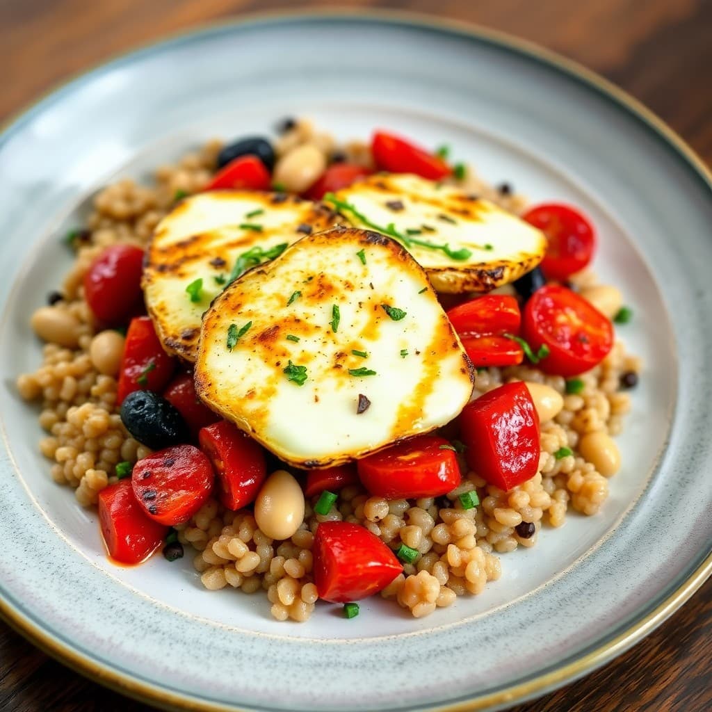 Cypriot Grilled Halloumi & White Bean Saganaki with Charred Tomato Reduction & Herbed Farro