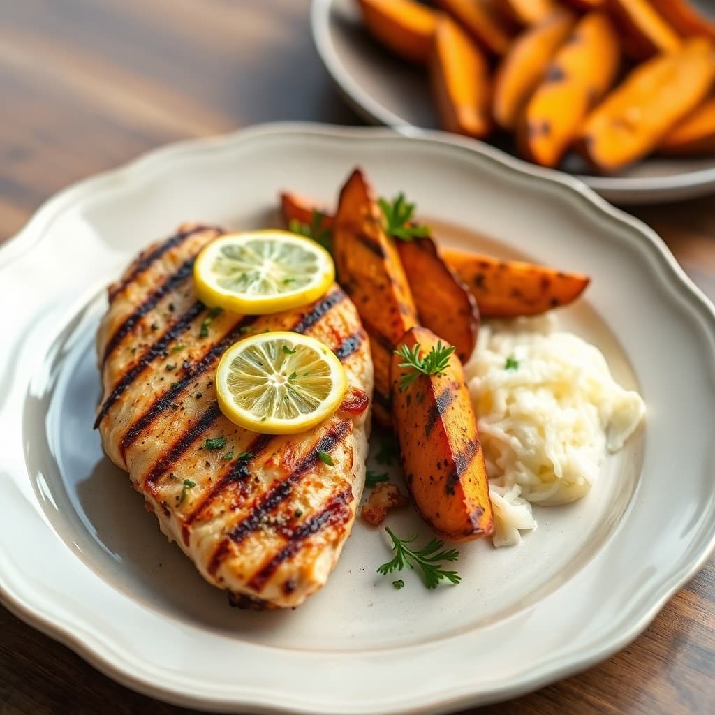 Grilled Lemon Herb Chicken with Roasted Sweet Potato Wedges