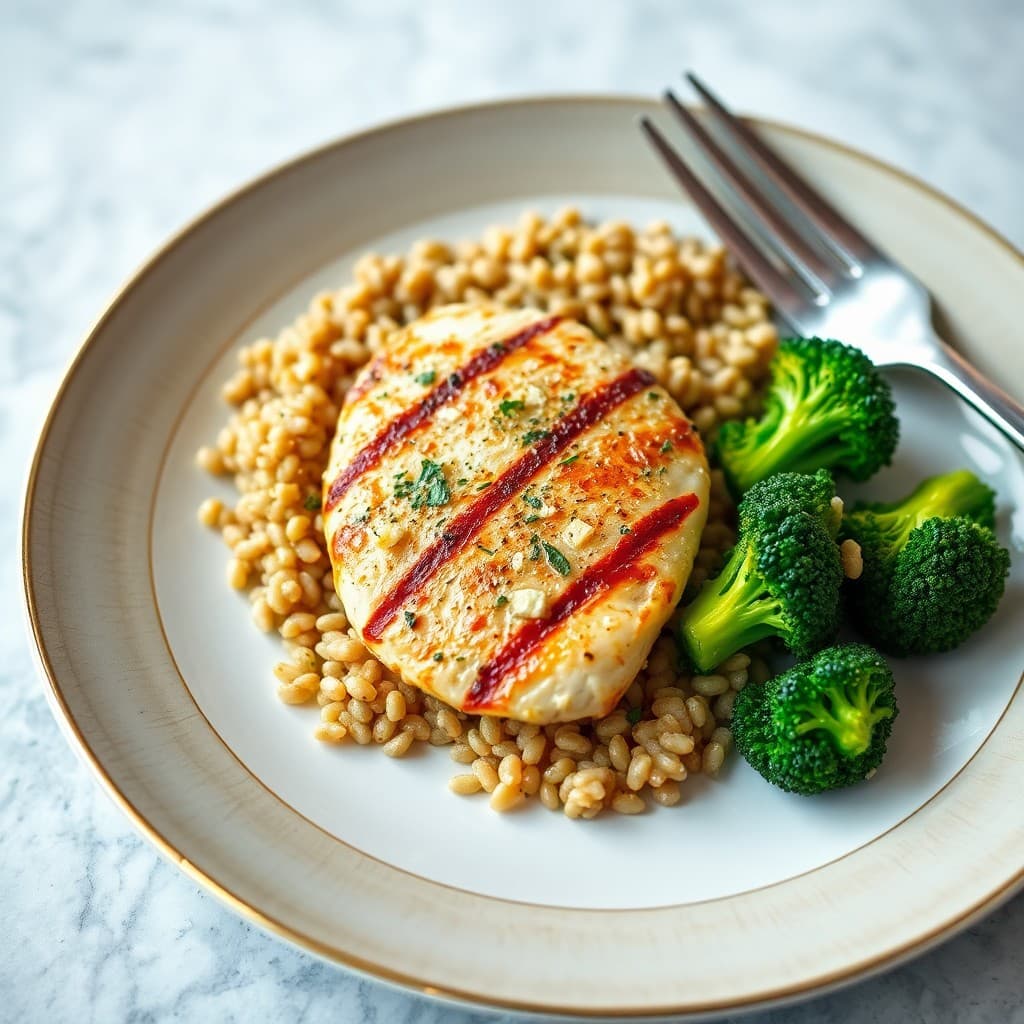 Lemon Garlic Grilled Chicken with Roasted Broccoli and Farro