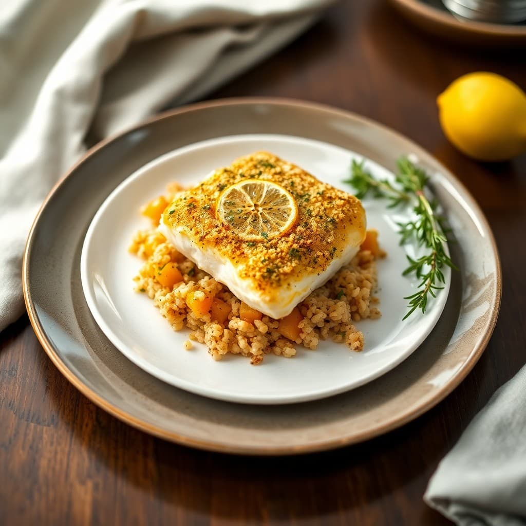 Baked Lemon Herb Cod with Roasted Butternut Squash and Quinoa