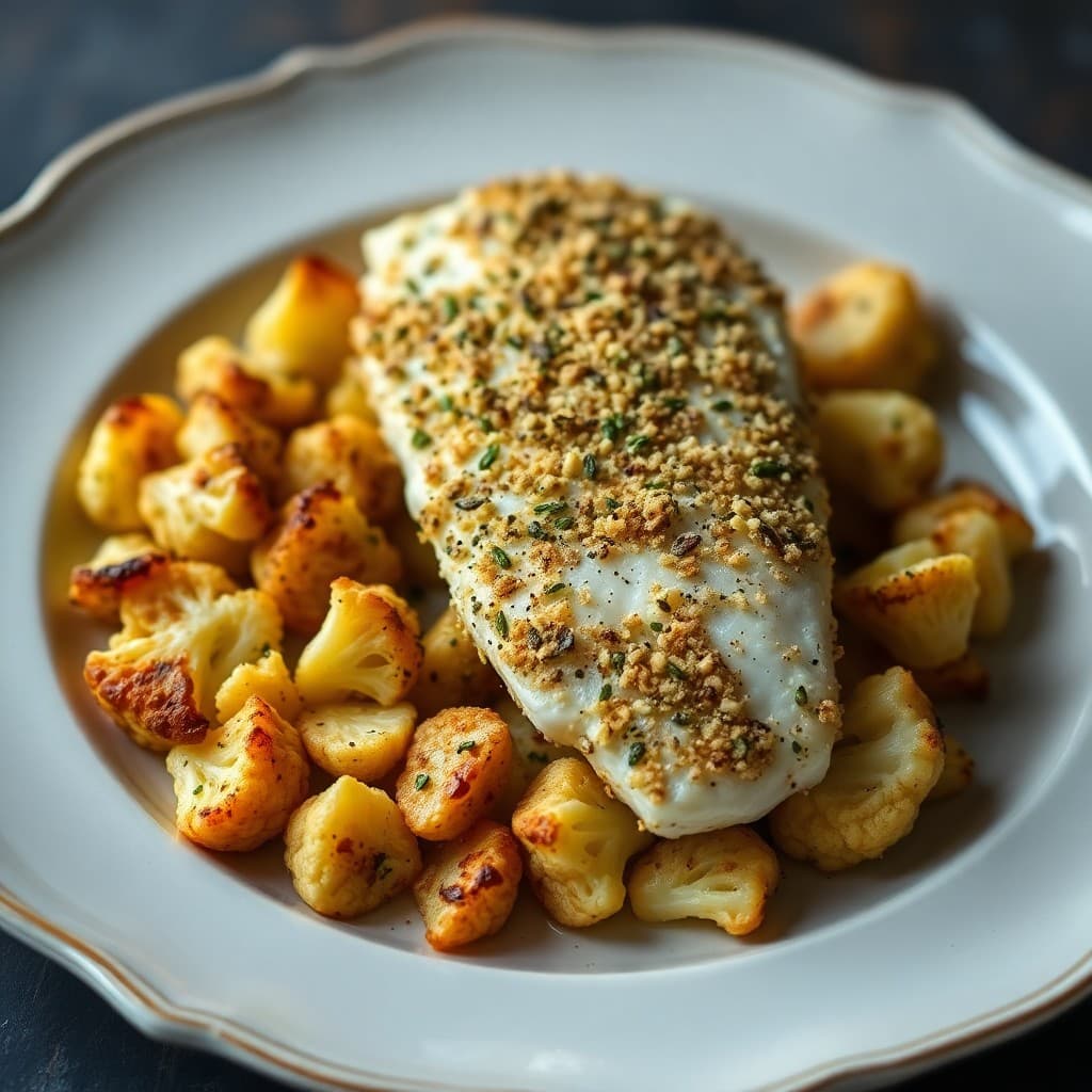 Herb-Crusted Cod with Roasted Garlic Cauliflower