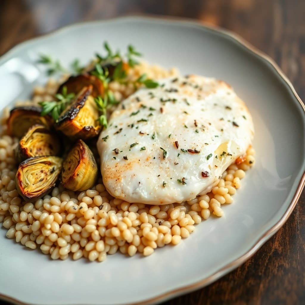 Greek-Inspired Herb-Poached Chicken with Charred Artichokes & Lemon-Infused Farro