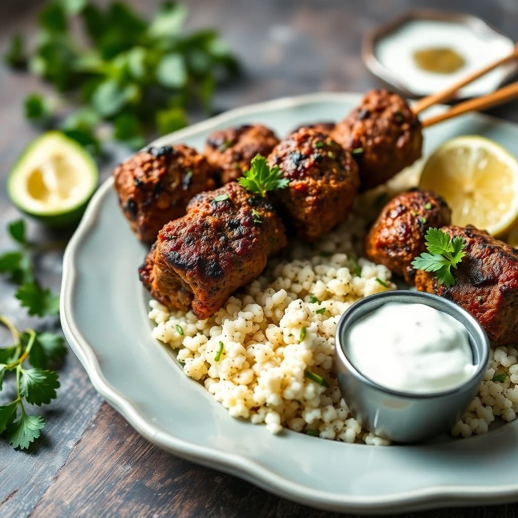 Moroccan-Spiced Lamb Kofta Skewers with Herbed Couscous & Cucumber-Yogurt Sauce