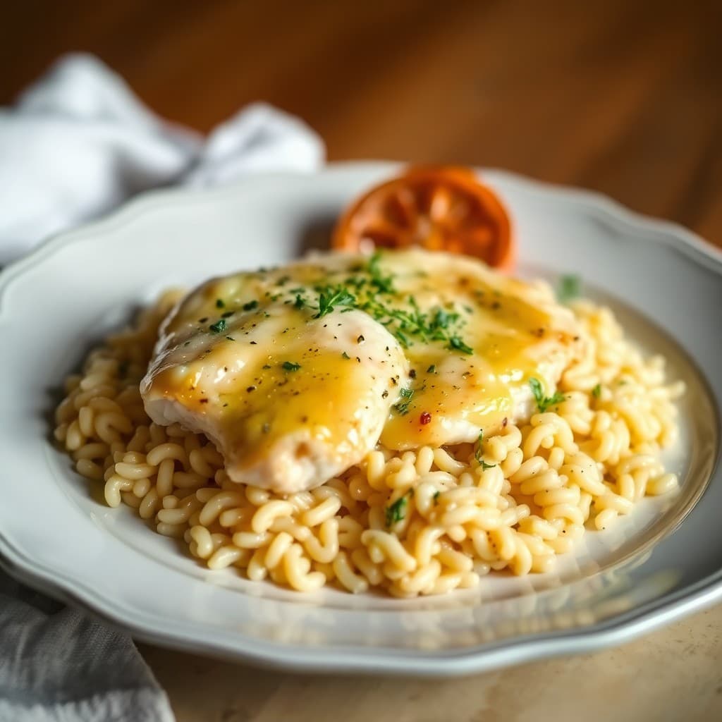 Lemon-Garlic Chicken Piccata over Parmesan Orzo