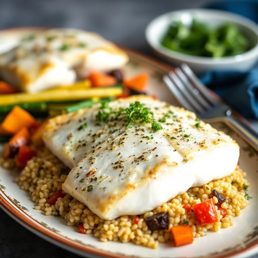 Mediterranean Baked Halibut with Lemon Herb Quinoa
