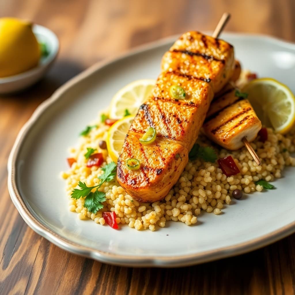 Grilled Lemon Garlic Chicken Skewers with Bulgur Salad