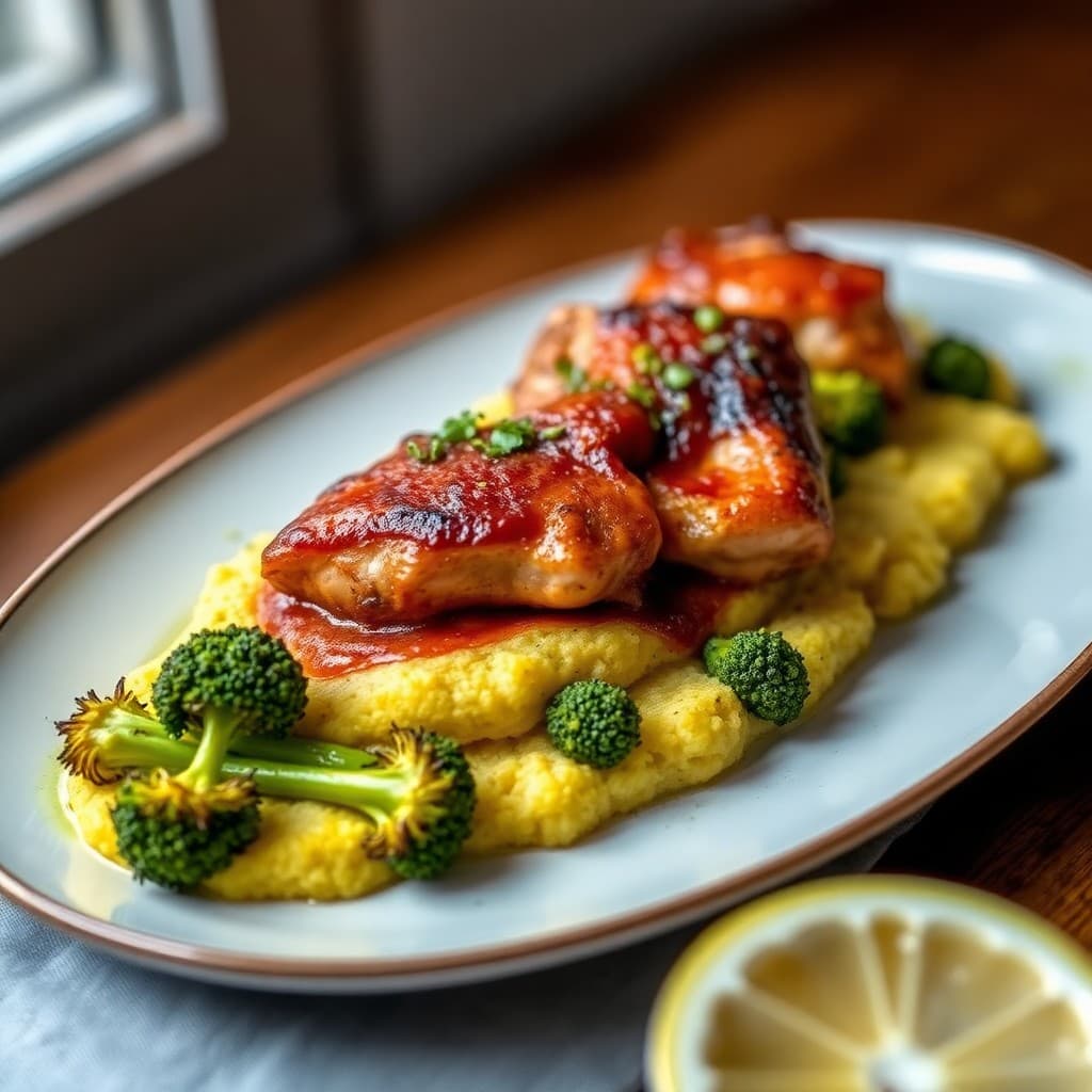 Saffron-Braised Chicken with Crispy Polenta & Roasted Romanesco
