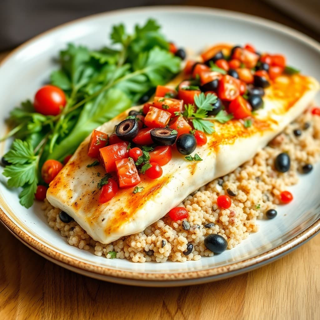 Mediterranean Baked Halibut with Tomato Olive Salad