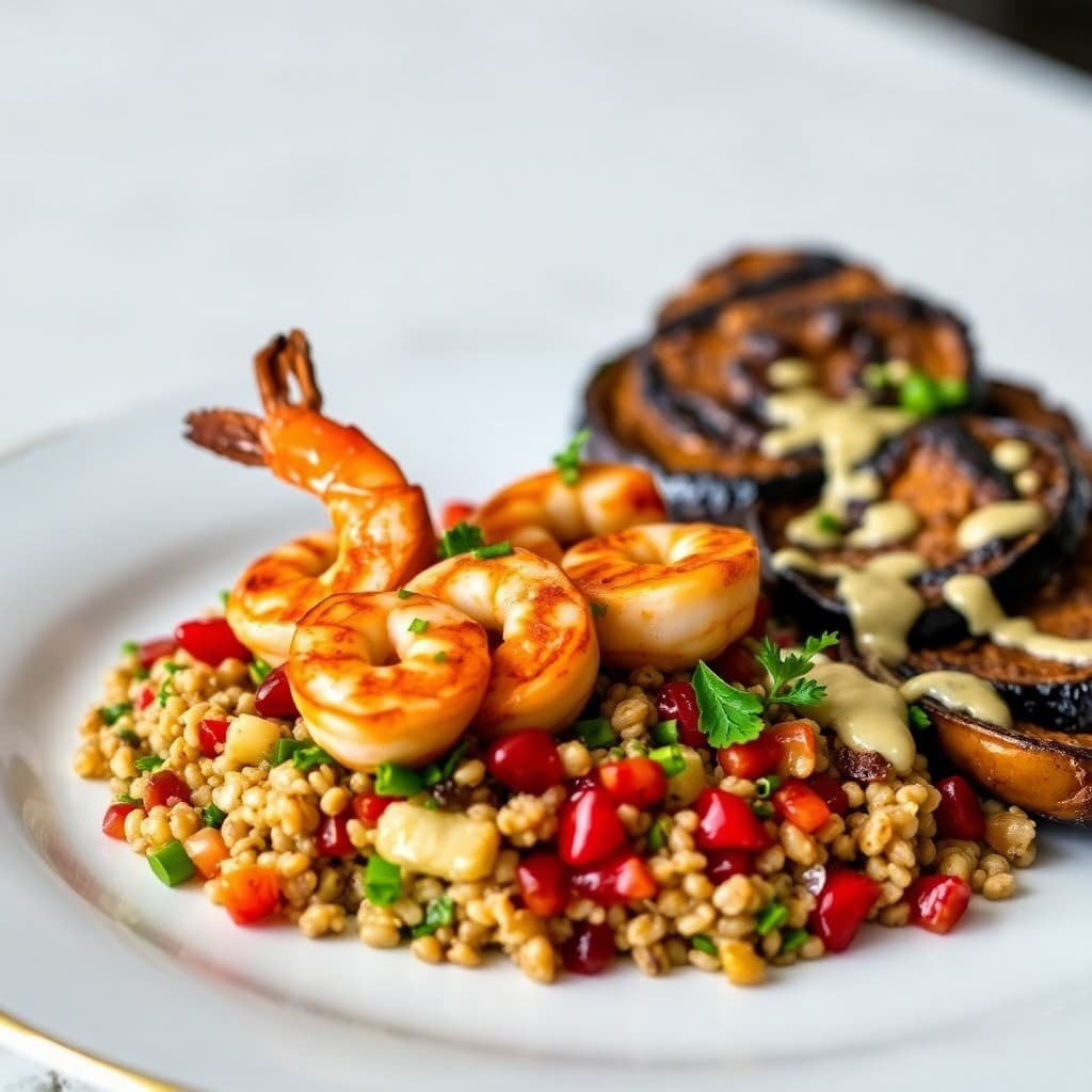 Turkish Grilled Shrimp with Charred Eggplant & Farro Tabbouleh