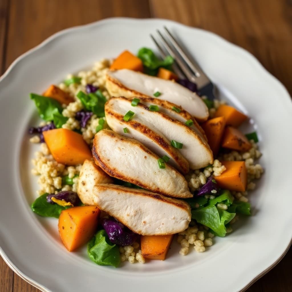 Zesty Grilled Chicken Salad with Roasted Sweet Potato and Quinoa