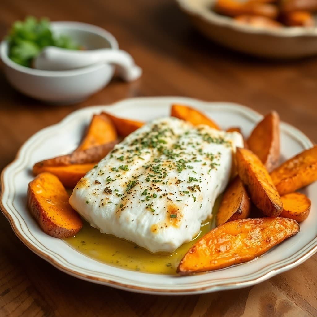 Lemon Herb Baked Cod with Roasted Sweet Potato Wedges