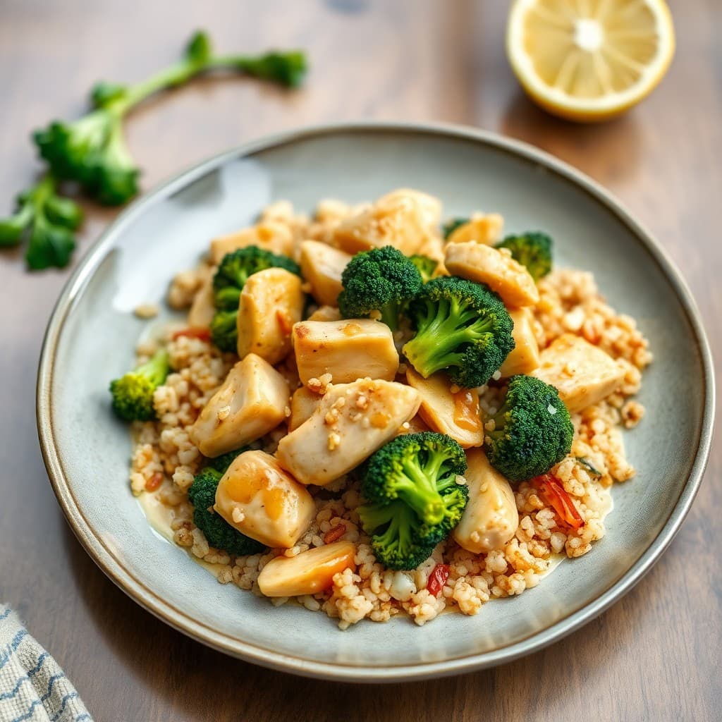 Sizzling Lemon-Garlic Chicken Stir-Fry with Roasted Broccoli and Quinoa