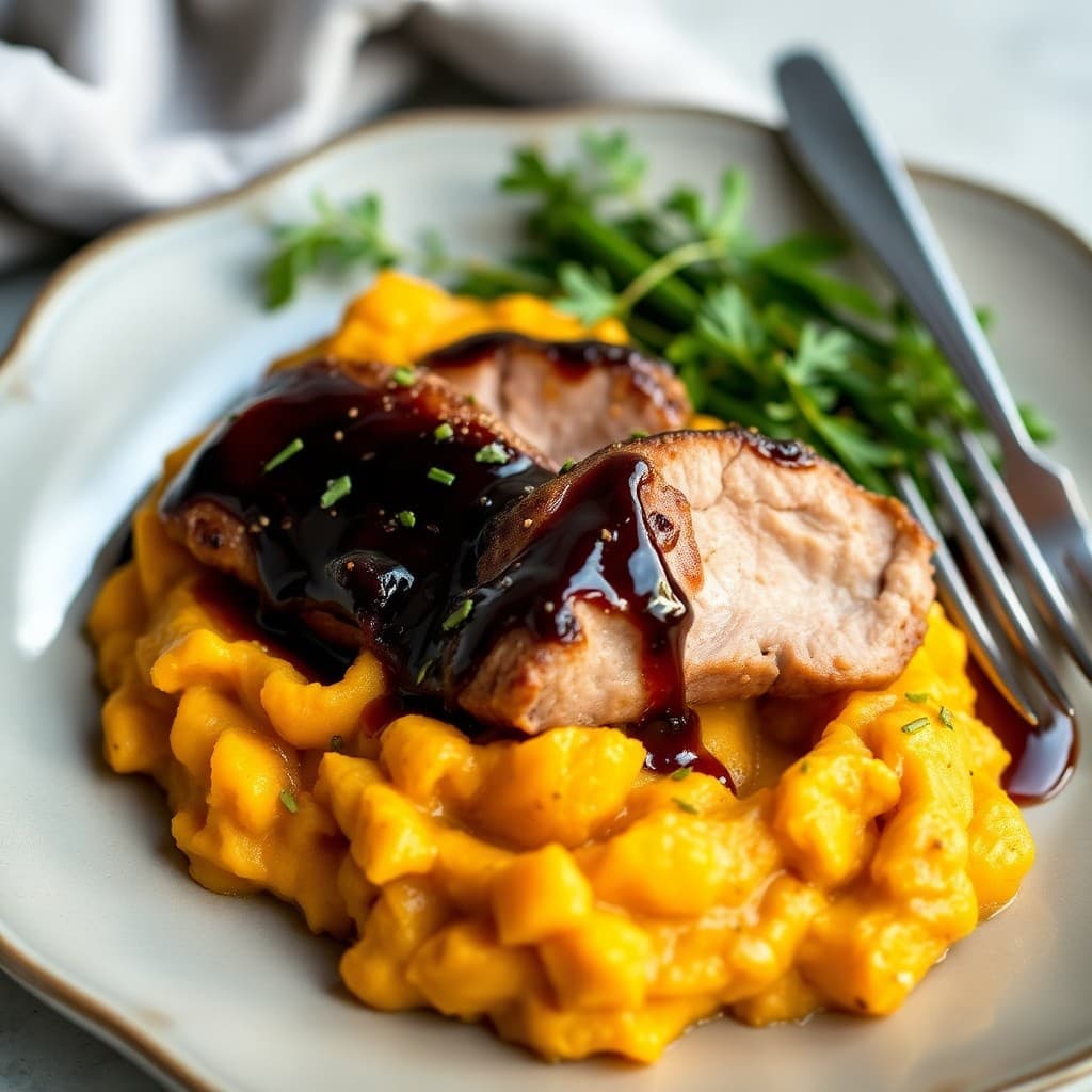Balsamic Glazed Pork Tenderloin Medallions with Roasted Garlic Mashed Sweet Potatoes