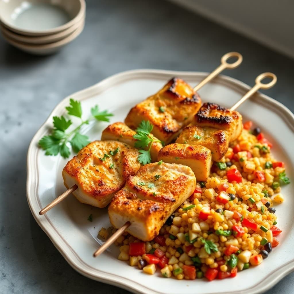 Zesty Mediterranean Chicken Skewers with Roasted Vegetable Couscous