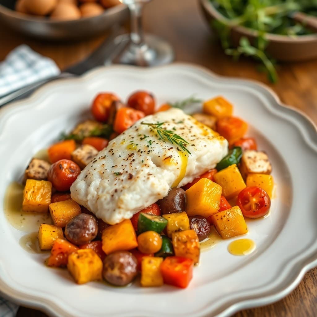 Baked Cod with Roasted Winter Vegetables