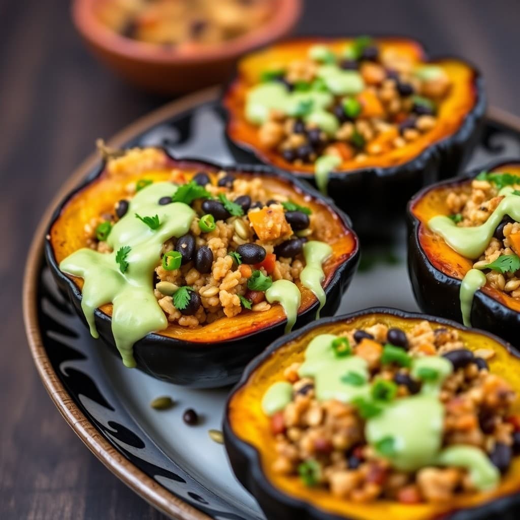 Peruvian Quinoa & Black Bean Stuffed Acorn Squash with Cilantro-Lime Drizzle