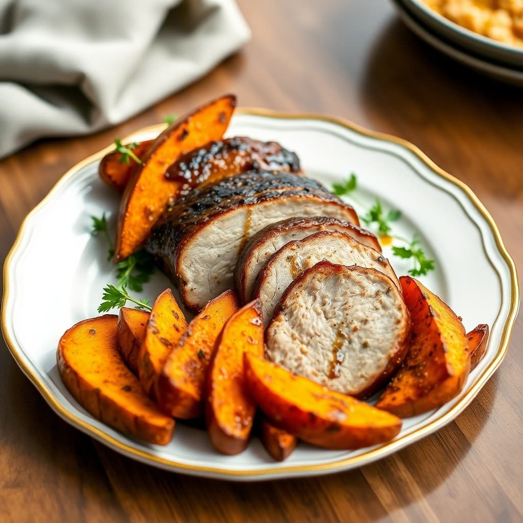 Balsamic Glazed Pork Tenderloin with Roasted Sweet Potato Wedges