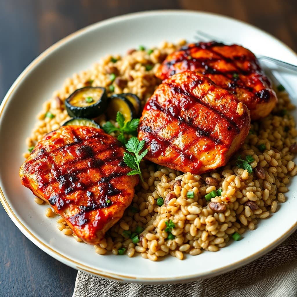 Turkish Pomegranate-Glazed Grilled Chicken with Charred Zucchini & Herbed Barley Pilaf